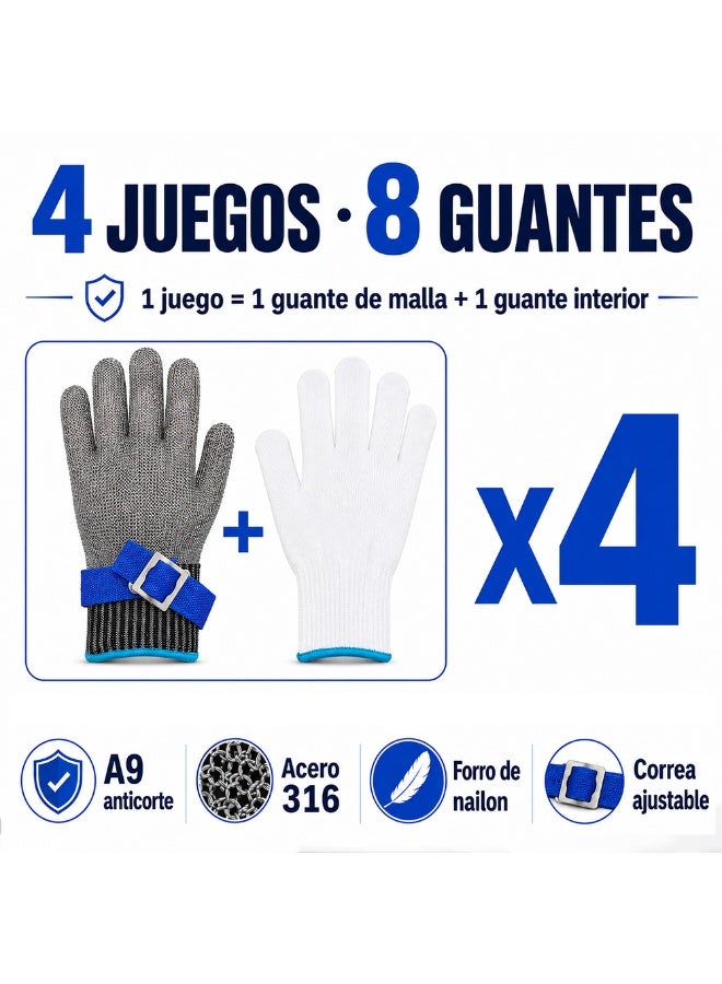 TACMEKA 4 Set Cut Resistant Gloves A9 Level 316 Stainless Steel Mesh Gloves with Nylon Liner, Adjustable Wrist Strap, Butcher Gloves for Meat Cutting, Kitchen Food Handling and Processing - Image 2