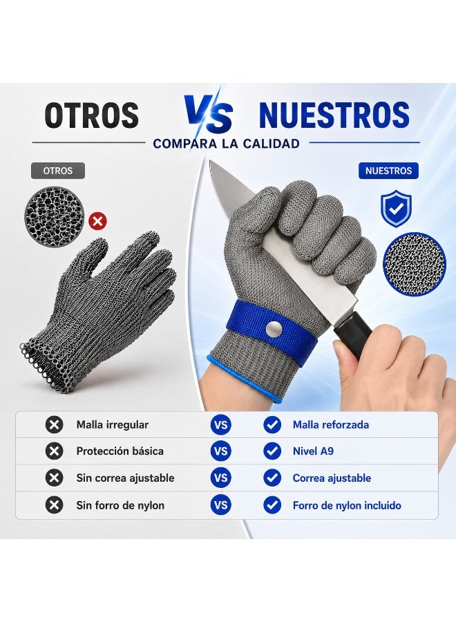 TACMEKA 4 Set Cut Resistant Gloves A9 Level 316 Stainless Steel Mesh Gloves with Nylon Liner, Adjustable Wrist Strap, Butcher Gloves for Meat Cutting, Kitchen Food Handling and Processing - Image 4