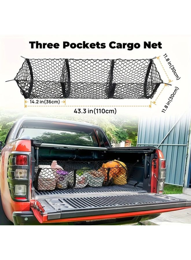 Black Heavy Duty Three Pocket Cargo Net Organizer Open Mesh SUV Truck Van - Image 2