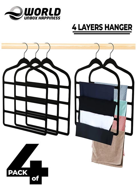 Pack of 4 Non-Slip Clothes Hangers with 4 layers, The Ultimate Space-Saving Solution for Organizing Trousers, Skirts, Coats, Dresses, and Tank Tops Effortlessly