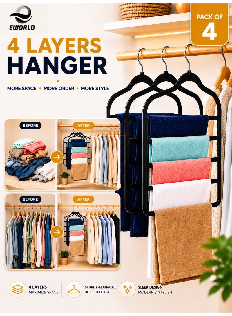 Eworld Pack of 4 Non-Slip Clothes Hangers with 4 layers, The Ultimate Space-Saving Solution for Organizing Trousers, Skirts, Coats, Dresses, and Tank Tops Effortlessly - Image 1