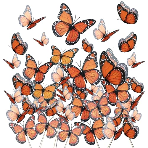 Yzurbu 24PCS Realistic Orange Monarch Butterfly Decorations Artificial Feather Butterflies with Wire Picks and Glue Dots for Halloween Skeleton Fairies DIY Crafts and Floral Arrangements - Image 1