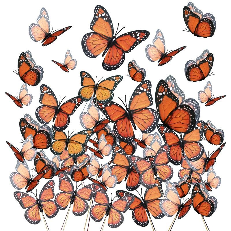 Yzurbu 24PCS Realistic Orange Monarch Butterfly Decorations Artificial Feather Butterflies with Wire Picks and Glue Dots for Halloween Skeleton Fairies DIY Crafts and Floral Arrangements - Image 2