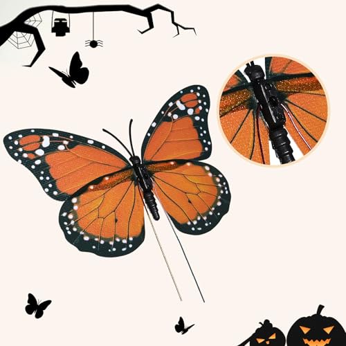Yzurbu 24PCS Realistic Orange Monarch Butterfly Decorations Artificial Feather Butterflies with Wire Picks and Glue Dots for Halloween Skeleton Fairies DIY Crafts and Floral Arrangements - Image 3