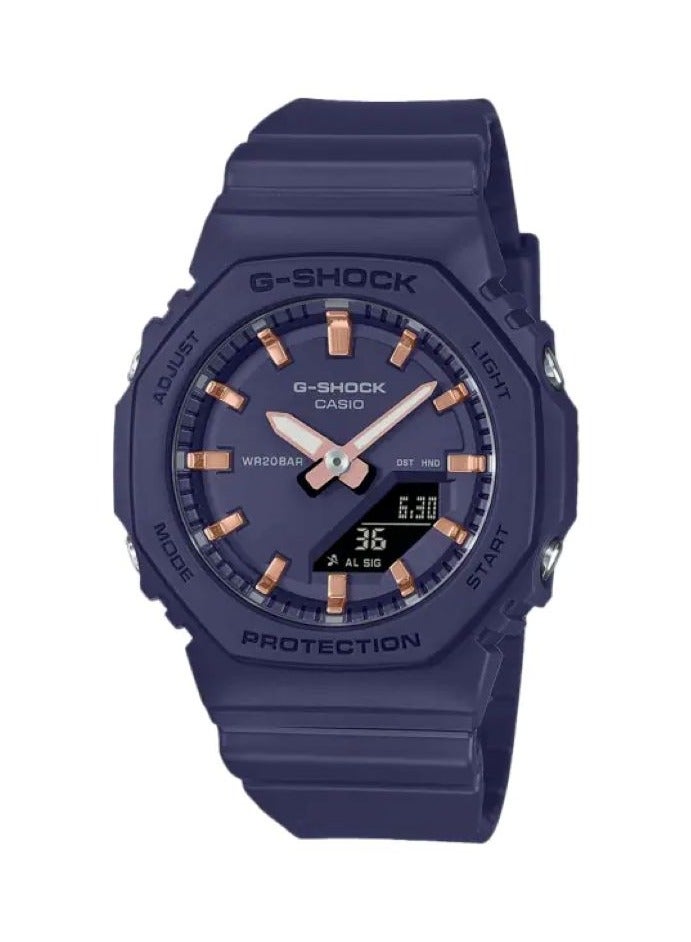 CASIO ساعة كاسيو جي شوك GMA-P2100M-2AER للنساء - علبة وحزام من الراتنج باللون الأزرق الضبابي، قرص أزرق، علامات مؤشر باللون الوردي الذهبي، حارس نواة كربونية رفيعة، تناظرية-رقمية، مقاومة للصدمات، مقاومة للماء حتى 200 متر.