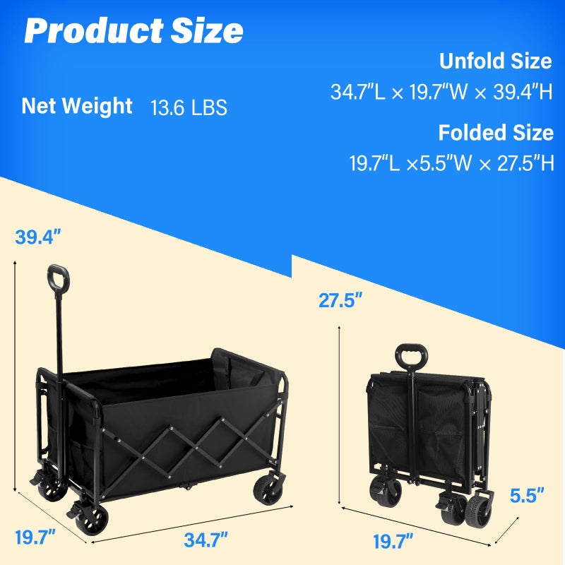 Yollber Large Folding Wagon Cart Heavy Duty, Collapsible Utility Wagon with Large Capacity and Adjustable Handle, Portable Outdoor Wagon for Camping, Sports, Beach, Gardening, Shopping and Tailgate - Image 5