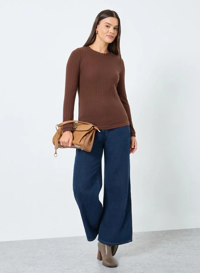Styli Styli Brown Textured Knit Top with Scalloped Neck
