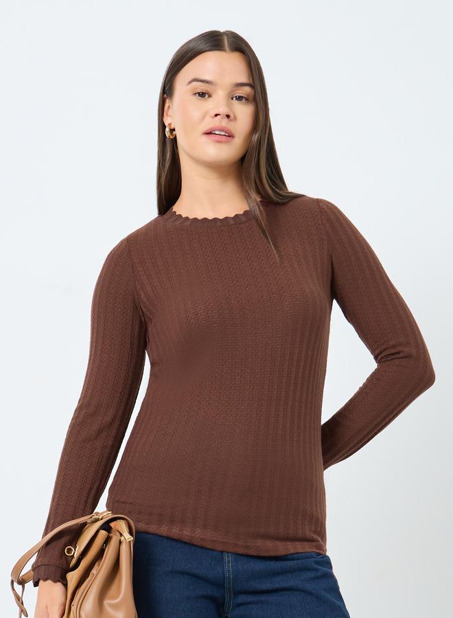 Styli Brown Textured Knit Top with Scalloped Neck - Image 1