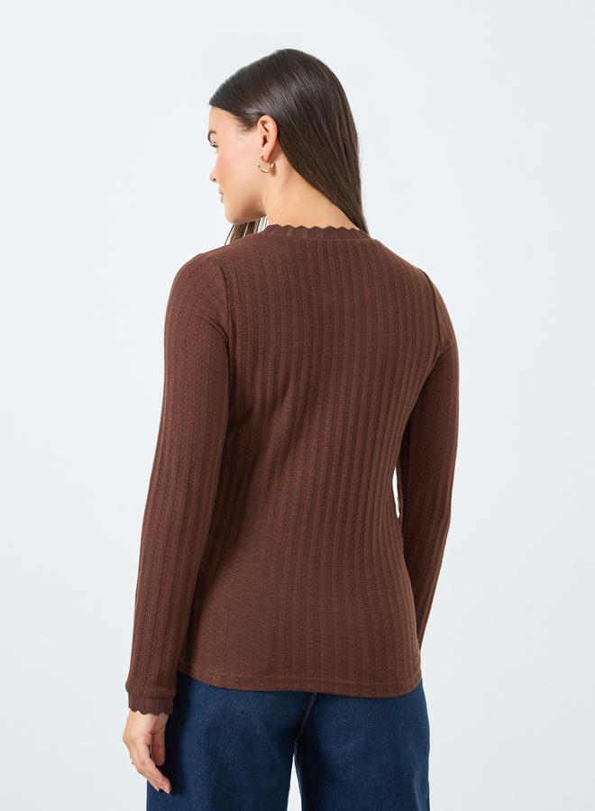 Styli Brown Textured Knit Top with Scalloped Neck - Image 4