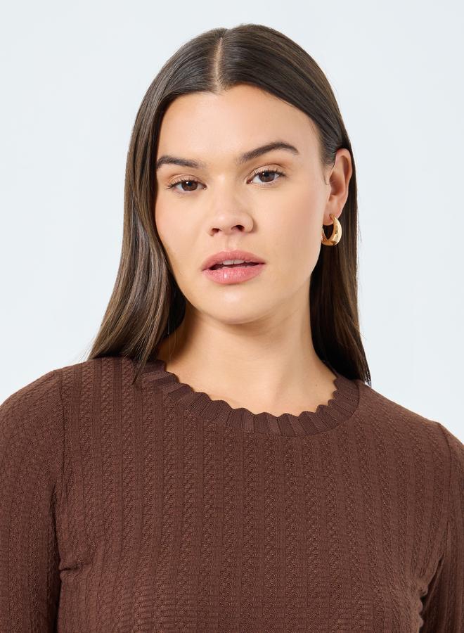 Styli Brown Textured Knit Top with Scalloped Neck - Image 3