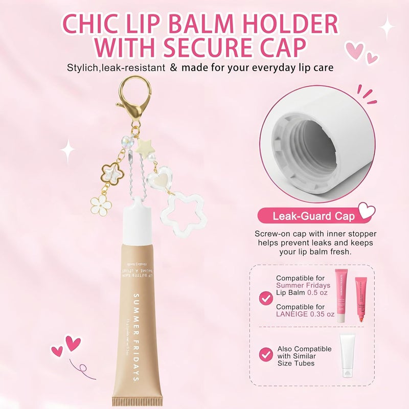cioatu Lip Gloss Keychain for Summer Fridays 0.5oz Balm, Lipgloss Cap Holder with Pendant, Lip Balm Cap Cosmetic Bag Charm (White & White) - Image 2