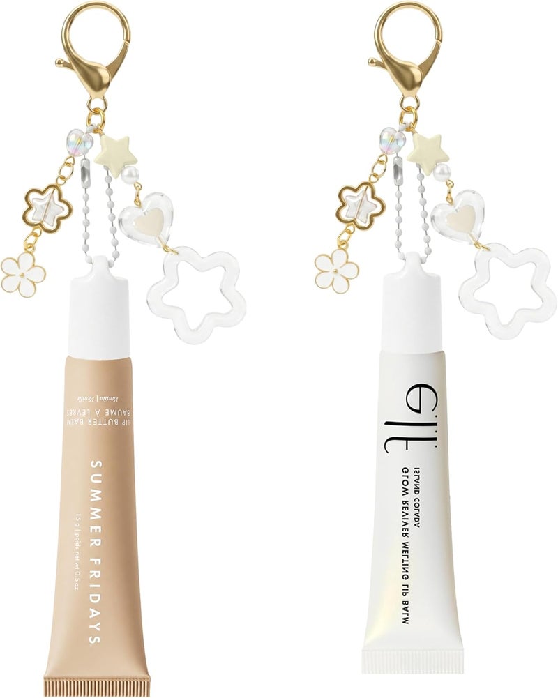 cioatu Lip Gloss Keychain for Summer Fridays 0.5oz Balm, Lipgloss Cap Holder with Pendant, Lip Balm Cap Cosmetic Bag Charm (White & White) - Image 1