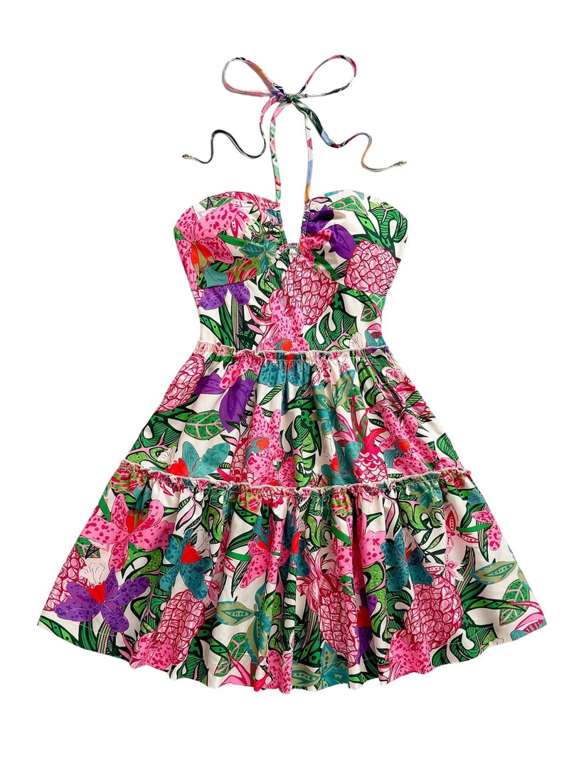 Floerns Women's Floral Sleeveless Halter Dress Milkmaid Flare Hem Boho Mini Dress Pink Multi Small - Image 1