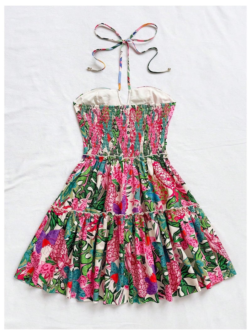 Floerns Women's Floral Sleeveless Halter Dress Milkmaid Flare Hem Boho Mini Dress Pink Multi Small - Image 2