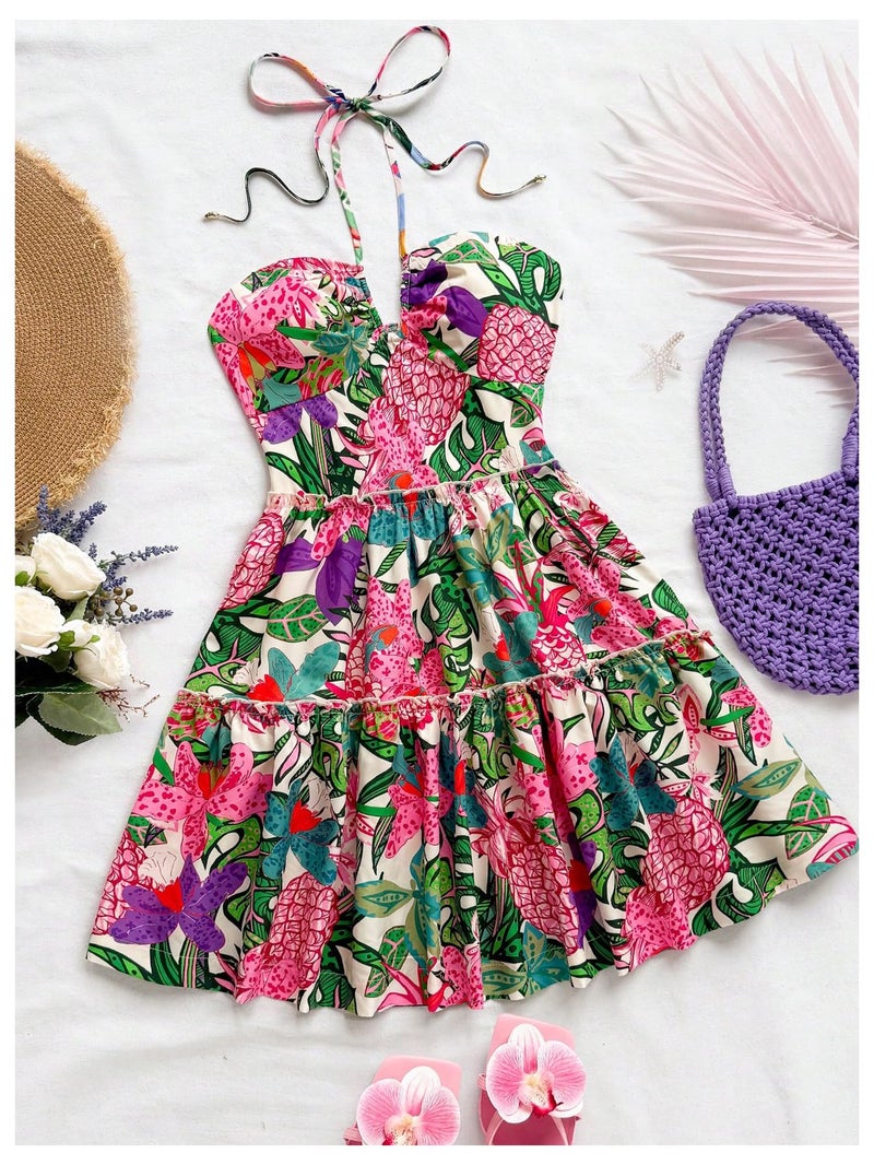Floerns Women's Floral Sleeveless Halter Dress Milkmaid Flare Hem Boho Mini Dress Pink Multi Small - Image 5