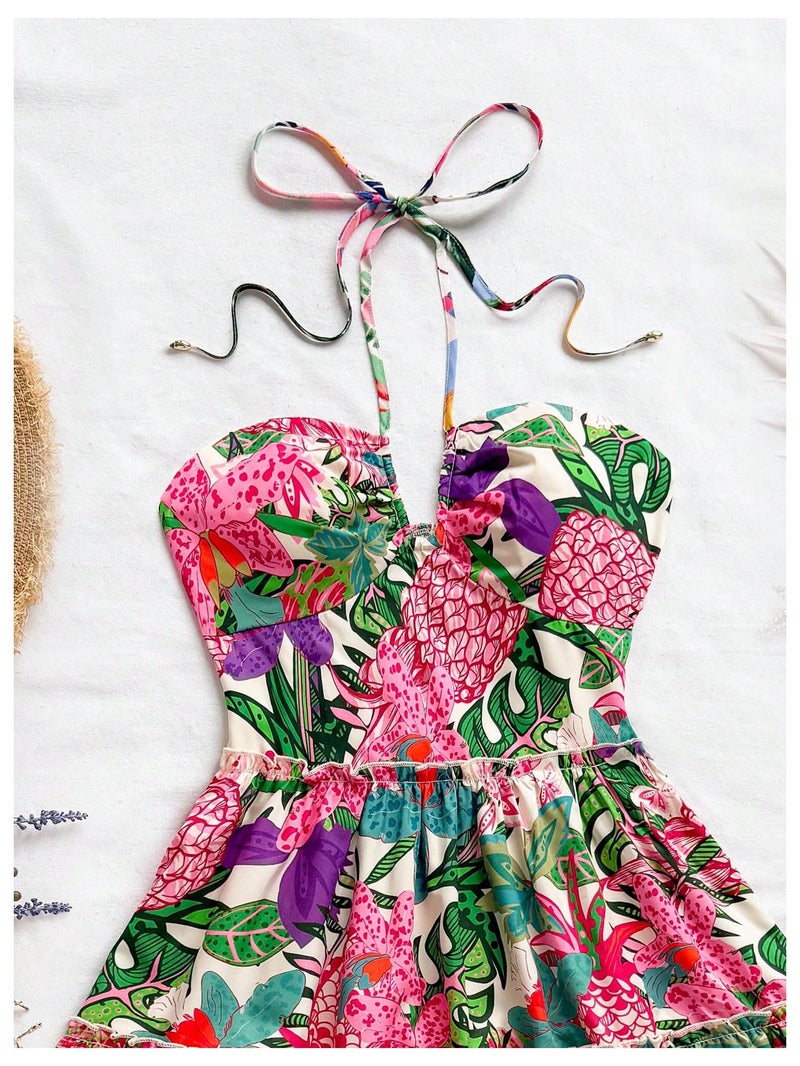 Floerns Women's Floral Sleeveless Halter Dress Milkmaid Flare Hem Boho Mini Dress Pink Multi Small - Image 4