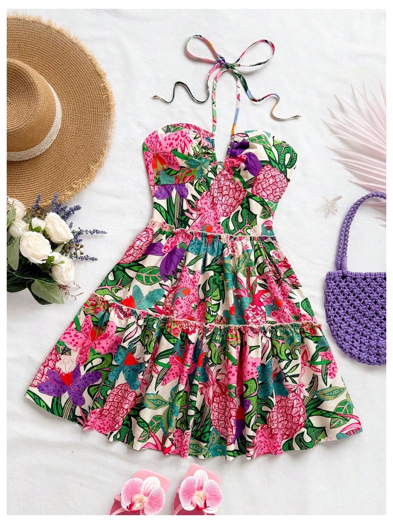 Floerns Women's Floral Sleeveless Halter Dress Milkmaid Flare Hem Boho Mini Dress Pink Multi Small - Image 3