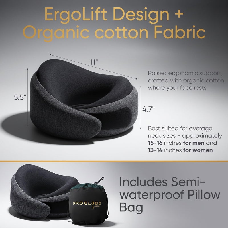 Proglobe Luxe Memory Foam Travel Neck Pillow for Airplanes, Ergonomic 360Â° Support with Soft Chin Support, Organic Cotton Cover, Compact Compression Bag, Ash Black - Image 4