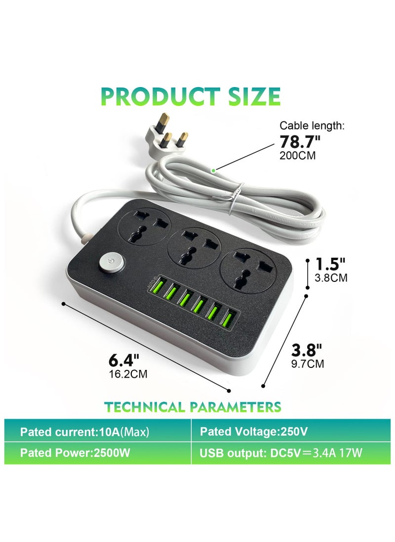 Generic 9 in 1 Power Strips Extension Cord, Power Socket with 3 Power Socket and 6 USB Ports, 2M Bold Extension Cord for Home and Office  - Image 3