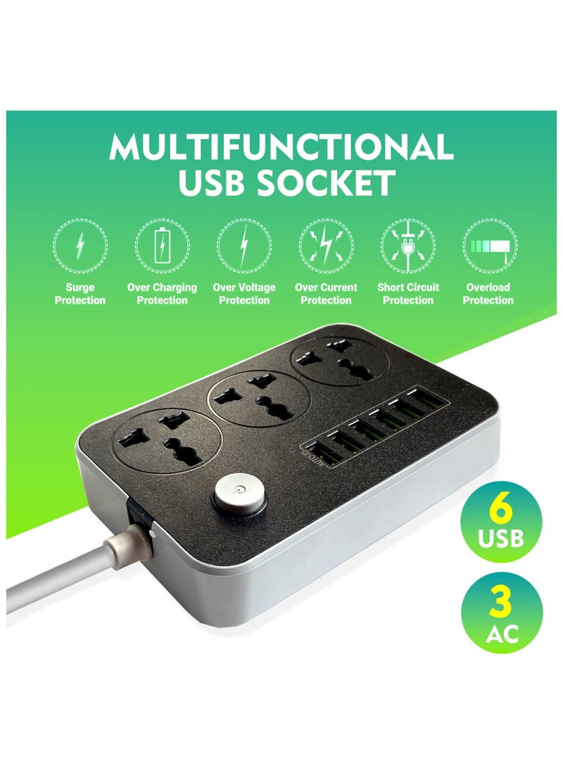 Generic 9 in 1 Power Strips Extension Cord, Power Socket with 3 Power Socket and 6 USB Ports, 2M Bold Extension Cord for Home and Office  - Image 4