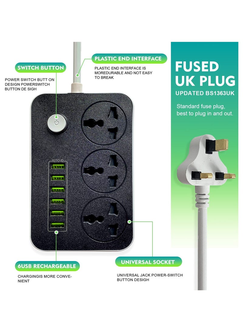 Generic 9 in 1 Power Strips Extension Cord, Power Socket with 3 Power Socket and 6 USB Ports, 2M Bold Extension Cord for Home and Office  - Image 5