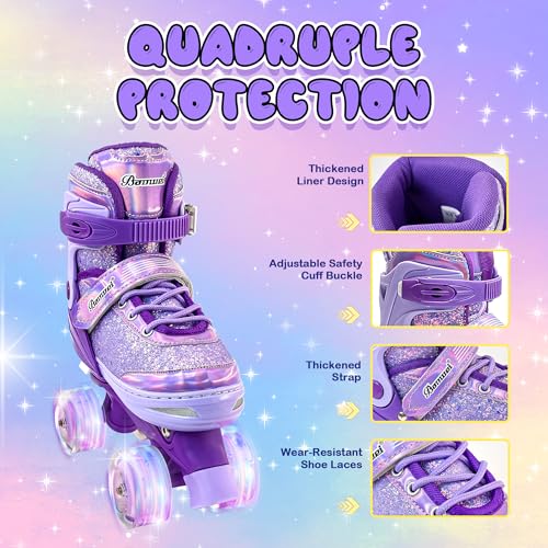 DFXLF Kids Roller Skates for Girls 4 Size Adjustable Ages 3-5 5-8 6-12 Purple Quad Rollerskates with Light Up Wheels for Beginner Children's Birthday Gift patines para niñas Outdoor Sports - Image 5