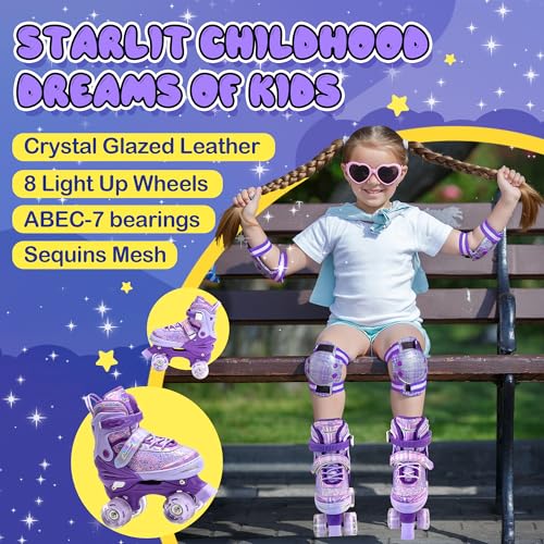 DFXLF Kids Roller Skates for Girls 4 Size Adjustable Ages 3-5 5-8 6-12 Purple Quad Rollerskates with Light Up Wheels for Beginner Children's Birthday Gift patines para niñas Outdoor Sports - Image 2