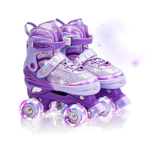 DFXLF Kids Roller Skates for Girls 4 Size Adjustable Ages 3-5 5-8 6-12 Purple Quad Rollerskates with Light Up Wheels for Beginner Children's Birthday Gift patines para niñas Outdoor Sports - Image 1