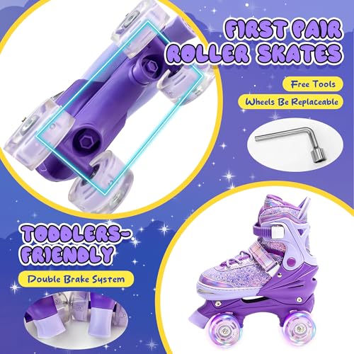 DFXLF Kids Roller Skates for Girls 4 Size Adjustable Ages 3-5 5-8 6-12 Purple Quad Rollerskates with Light Up Wheels for Beginner Children's Birthday Gift patines para niñas Outdoor Sports - Image 4