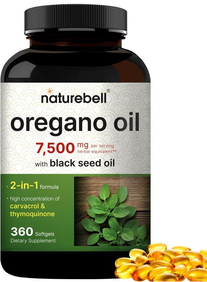 NatureBell Oregano Oil 7,500mg with Black Seed Oil, 360 Softgels | 360-day Supply Essential Oils for Immune Health | Retains High Concentrated Carvacrol & Thymoquinone – Non-GMO - Image 1