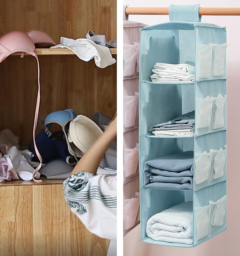 wolpin (Pack of 1 Closet Hanging Organizer 4 Shelves with Mesh Pockets for Wardrobe Cloth Organizer Collapsible Washable (Blue) Fabric - Image 5