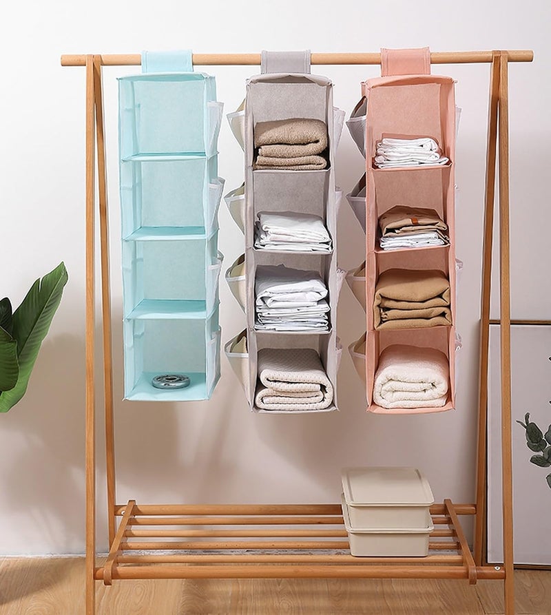 wolpin (Pack of 1 Closet Hanging Organizer 4 Shelves with Mesh Pockets for Wardrobe Cloth Organizer Collapsible Washable (Blue) Fabric - Image 3