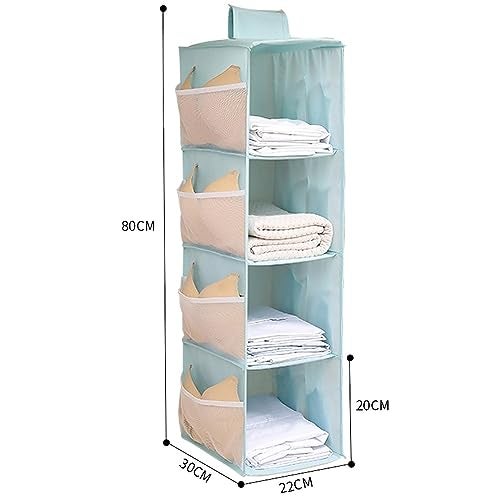 wolpin (Pack of 1 Closet Hanging Organizer 4 Shelves with Mesh Pockets for Wardrobe Cloth Organizer Collapsible Washable (Blue) Fabric - Image 2