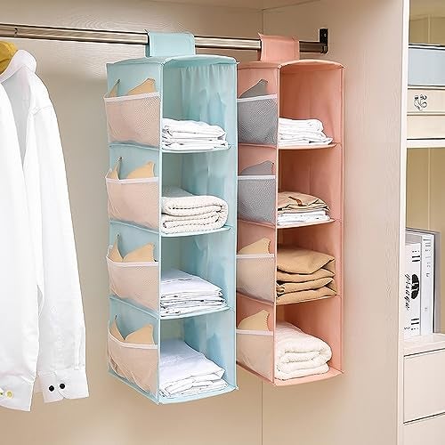 wolpin (Pack of 1 Closet Hanging Organizer 4 Shelves with Mesh Pockets for Wardrobe Cloth Organizer Collapsible Washable (Blue) Fabric - Image 1