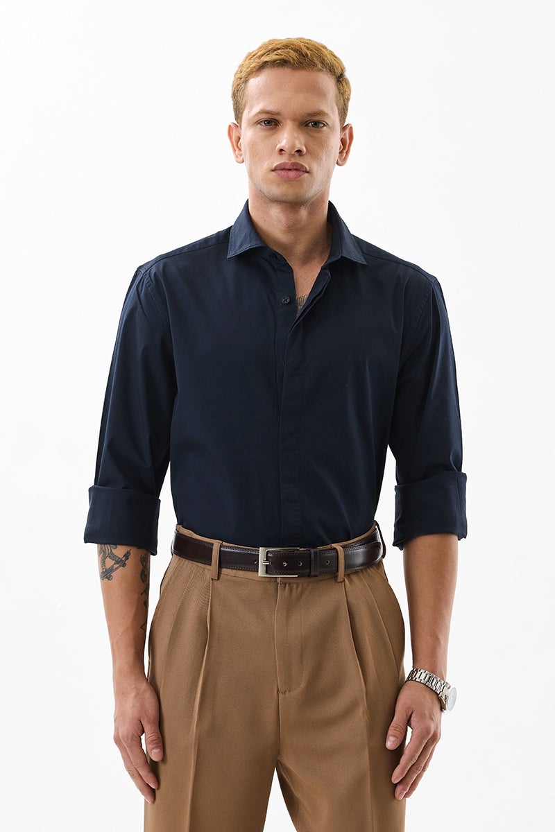 سنيتش قميص أزرق داكن بقصة ضيقة مطاطي - Image 4