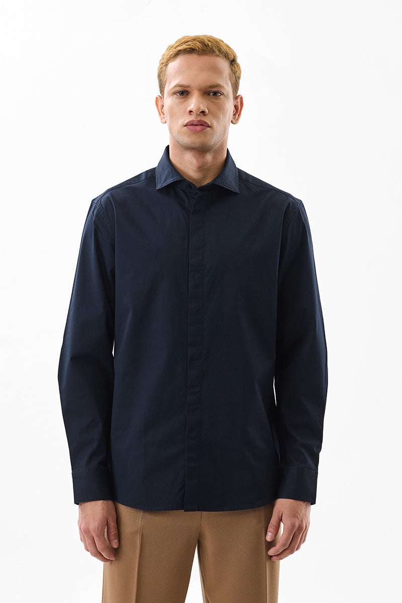 سنيتش قميص أزرق داكن بقصة ضيقة مطاطي - Image 5