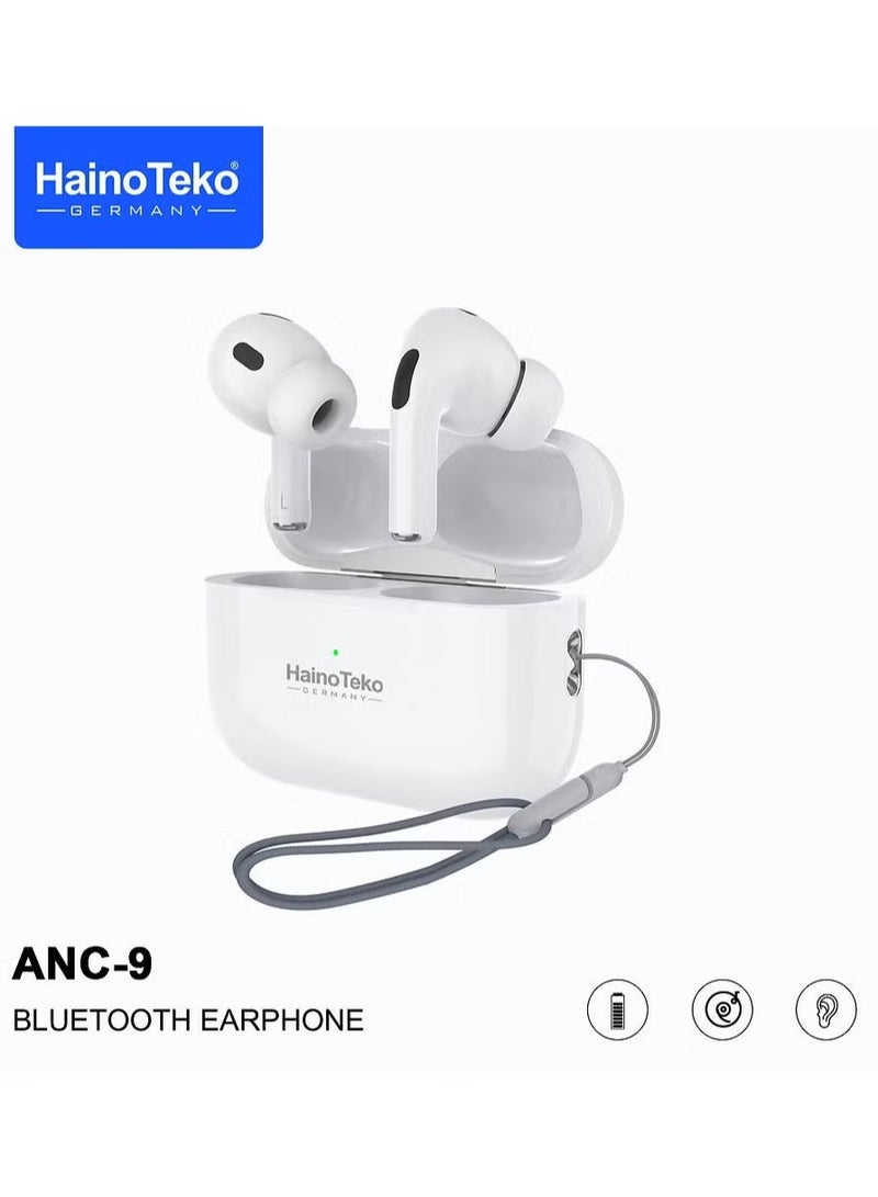 Haino Teko ANC 9 Bluetooth Earphones with Active Noise Cancellation, Enhanced Bass, Music Clear Microphone, and Touch Controls – Compatible with iPhones and iPads, Premium Sound Quality, Comfortable Fit, White - Image 1