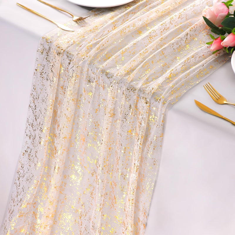 Snowkingdom 3Pcs 10Ft Gold Table Runners Sheer Gauze Chiffon Cheesecloth Glitter Golden Metallic Foil Gold Decorations for Home Party Wedding Birthday Anniversary Fall Thanksgiving Christmas Holiday