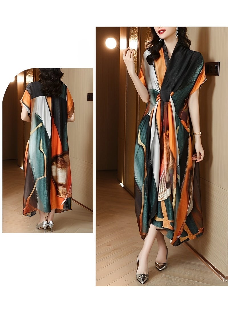 REOCLE Women's Satin Dress with Print Elegant Silk Dress A-Line Flowy Long Dress V Neck Short Sleeve Satin Dress - Image 4