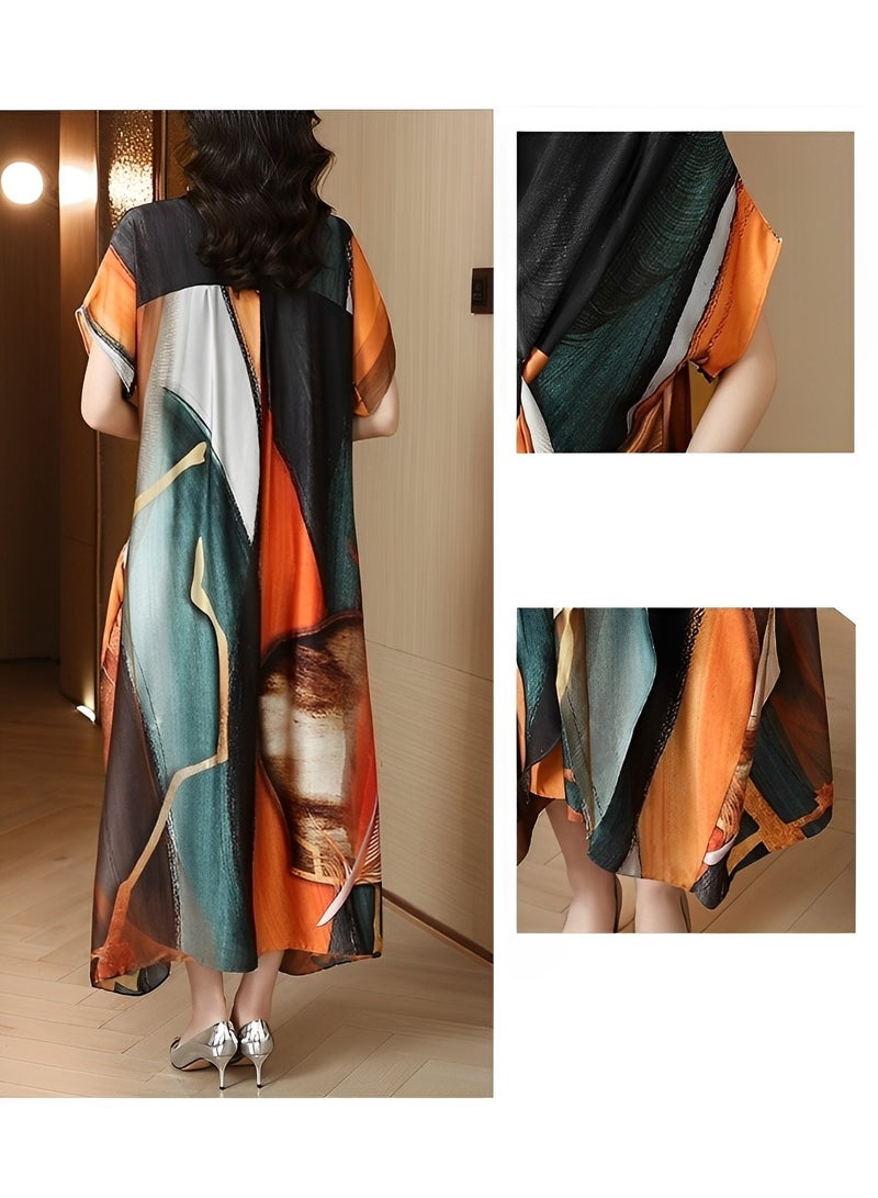 REOCLE Women's Satin Dress with Print Elegant Silk Dress A-Line Flowy Long Dress V Neck Short Sleeve Satin Dress - Image 3