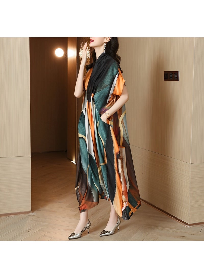 REOCLE Women's Satin Dress with Print Elegant Silk Dress A-Line Flowy Long Dress V Neck Short Sleeve Satin Dress - Image 5
