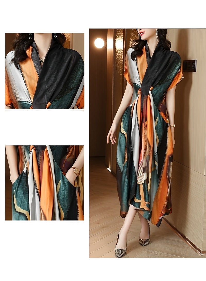 REOCLE Women's Satin Dress with Print Elegant Silk Dress A-Line Flowy Long Dress V Neck Short Sleeve Satin Dress - Image 2
