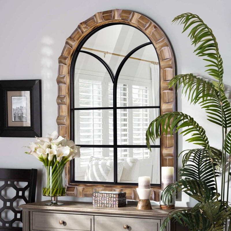XGGJWW مرآة حائط بزجاج مقوس 36x24 بوصة من XGGJWW - مرآة زخرفية من الخشب الصلب بأسلوب ريفي للغرفة المعيشية، غرفة النوم، المدخل والحمام - Image 3