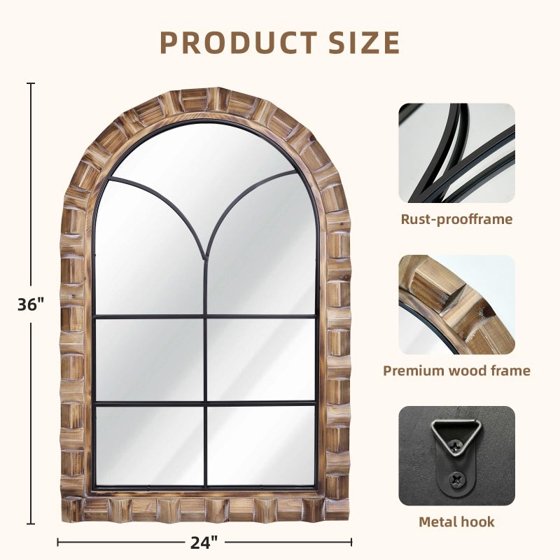 XGGJWW مرآة حائط بزجاج مقوس 36x24 بوصة من XGGJWW - مرآة زخرفية من الخشب الصلب بأسلوب ريفي للغرفة المعيشية، غرفة النوم، المدخل والحمام - Image 2