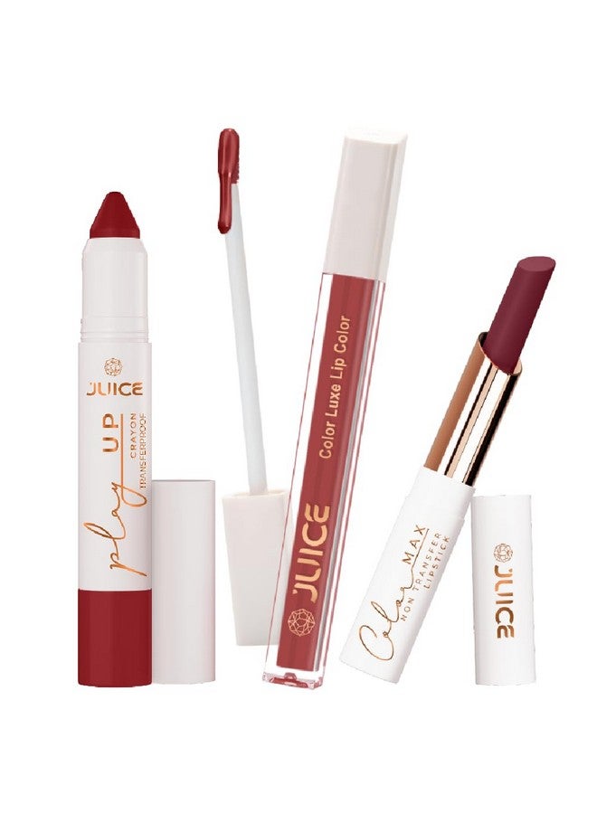 Juice Long Lasting, 3pc Lipstick Combo Set For Women(Flame On-MCR10 Lip Crayon, Kissable Pink-M03 Liquid Lipstick, Sultry Sangria-M22 Slim Stick) - Image 1