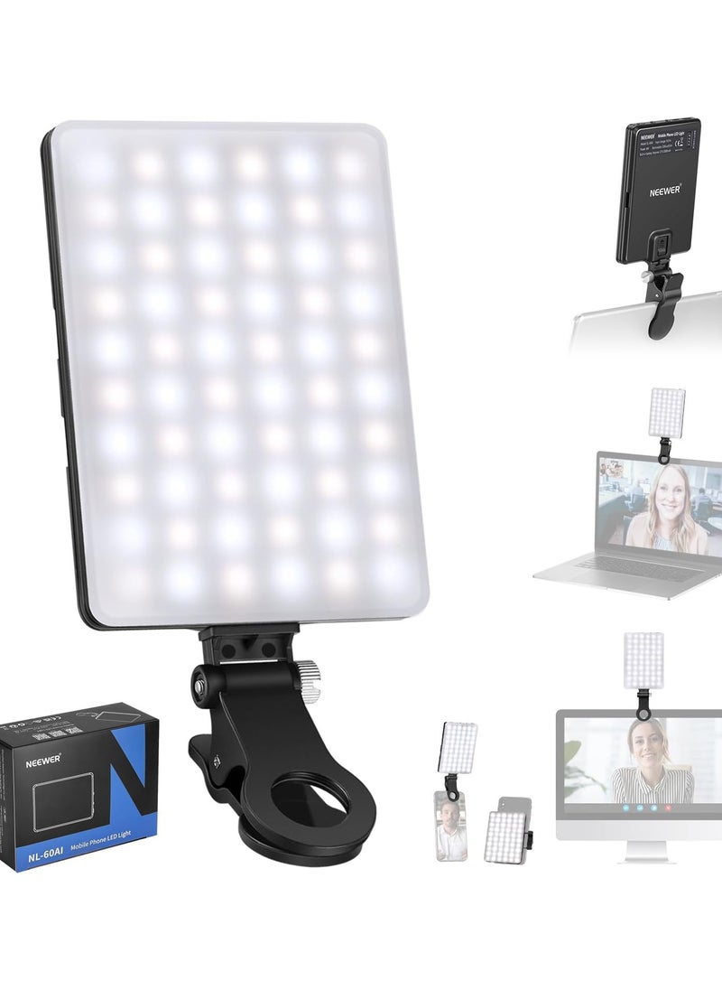 Selfie Light with Front & Back Phone Clip, High Power 60 LED 2000mAh Rechargeable CRI 95+, 3 Light Modes, Portable Clip on Light for Phone/Tablet/Laptop, Zoom Call TikTok Video Fill Light