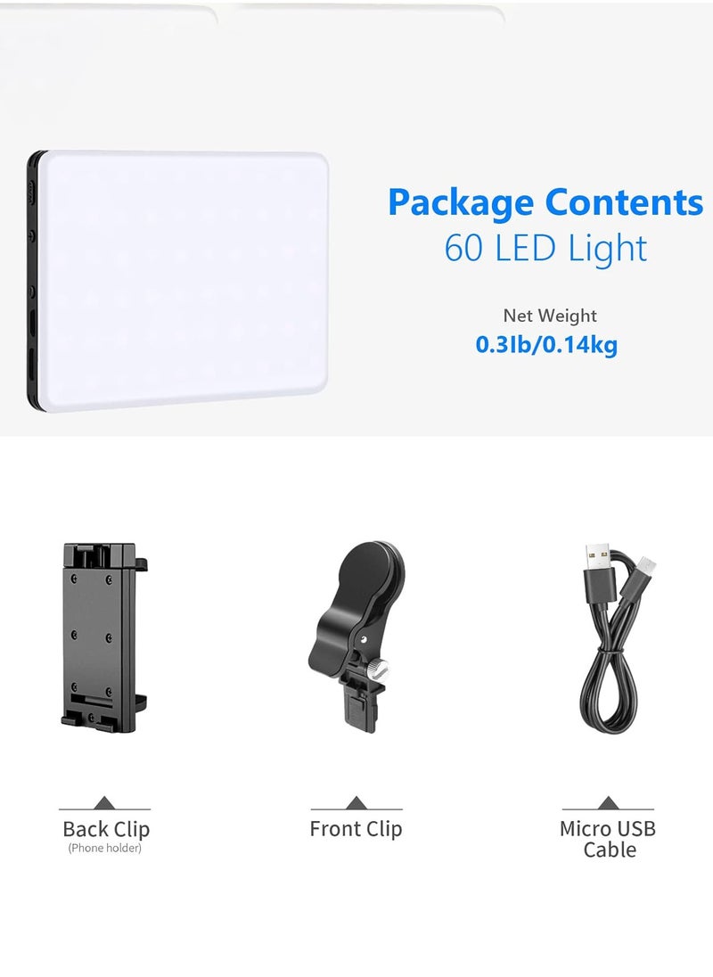 Selfie Light with Front & Back Phone Clip, High Power 60 LED 2000mAh Rechargeable CRI 95+, 3 Light Modes, Portable Clip on Light for Phone/Tablet/Laptop, Zoom Call TikTok Video Fill Light