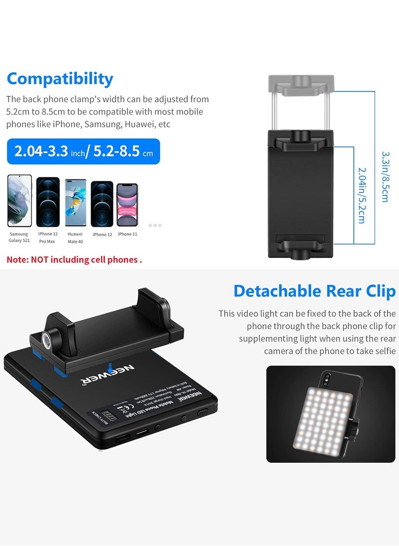 Selfie Light with Front & Back Phone Clip, High Power 60 LED 2000mAh Rechargeable CRI 95+, 3 Light Modes, Portable Clip on Light for Phone/Tablet/Laptop, Zoom Call TikTok Video Fill Light