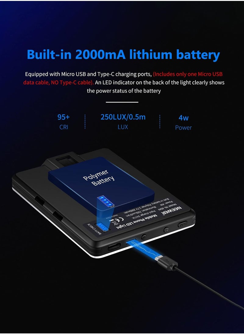 Selfie Light with Front & Back Phone Clip, High Power 60 LED 2000mAh Rechargeable CRI 95+, 3 Light Modes, Portable Clip on Light for Phone/Tablet/Laptop, Zoom Call TikTok Video Fill Light