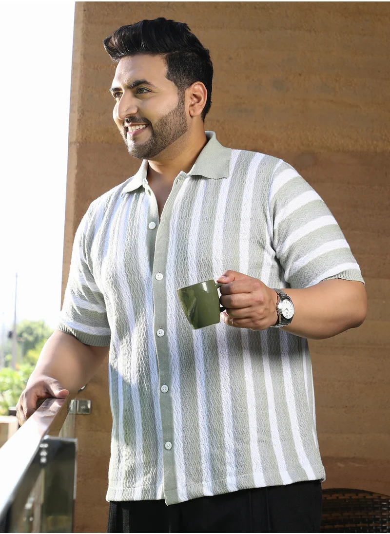 انستافاب بلس Instafab Plus Men's Cloud Grey Panel-Knit Polo Shirt For Casual Wear | Polo Neck | Short Regular Sleeves | Button Closure | Plus Size Shirt Crafted With Comfort Fit For Everyday Wear